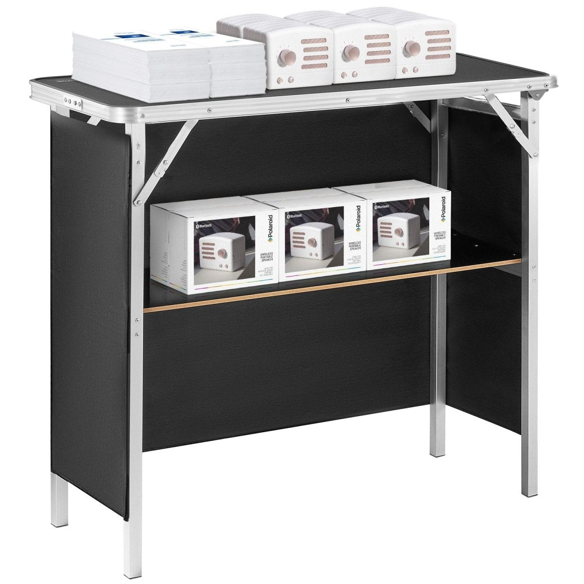 VEVOR Folding Portable Bar Table, Tradeshow Podium Table for Indoor, Outdoor, Party, Picnic, Exhibition, Includes Carrying Case, Storage Shelf and Black Skirt, 38.39" x 15.16" x 34.25“ - Factory Direct Shop