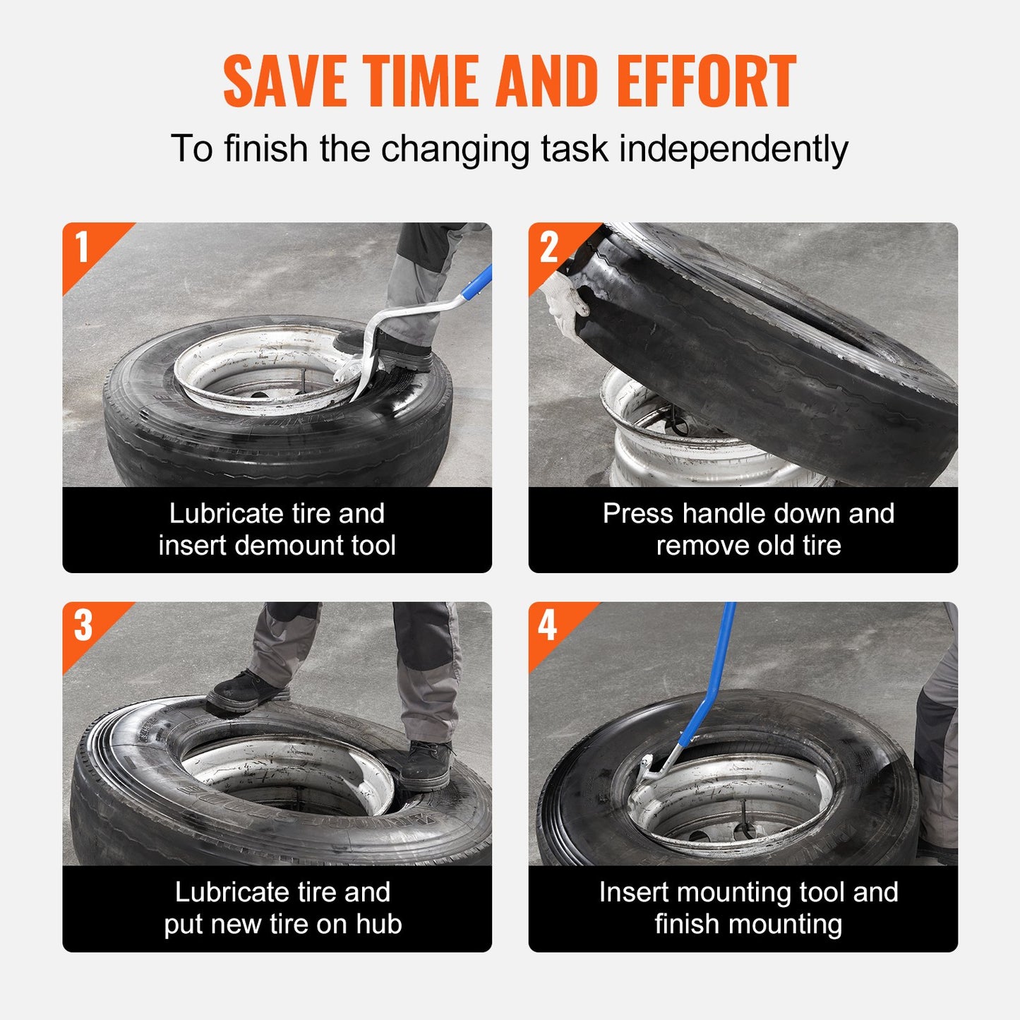 Tire Mount Demount Tool, 571-622 mm Manual Steel Tire Changer Mount Demount Removal Tool, with Extra Bead Keeper, Tubeless Truck Bead Breaker, 3 PCS Tire Changing Tools, Orange