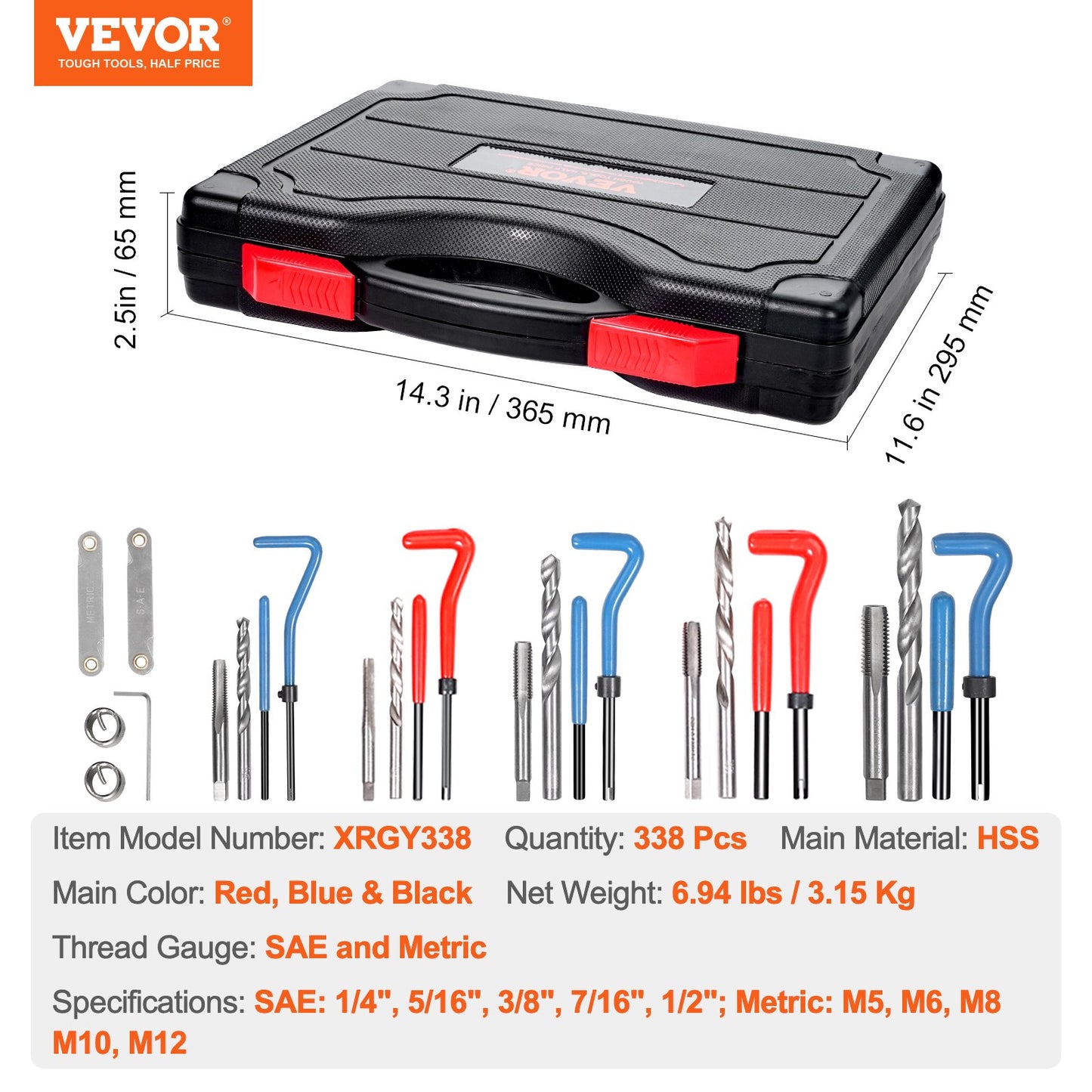 Helicoil Thread Repair Kit, 338-Piece SAE and Metric Rethreading Tool Kit, M5, M6, M8, M10, M12, 1/4", 5/16", 3/8", 7/16", 1/2", HSS Drill Bits Thread Inserts Taps Breakoff Installation Tools