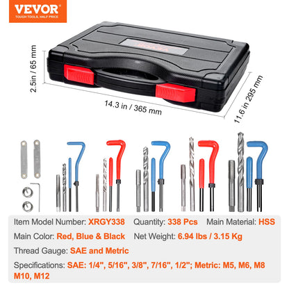 Helicoil Thread Repair Kit, 338-Piece SAE and Metric Rethreading Tool Kit, M5, M6, M8, M10, M12, 1/4", 5/16", 3/8", 7/16", 1/2", HSS Drill Bits Thread Inserts Taps Breakoff Installation Tools