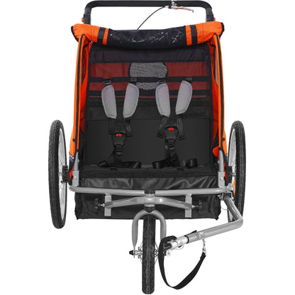 Orange and black bicycle trailer with two seats on a white background
