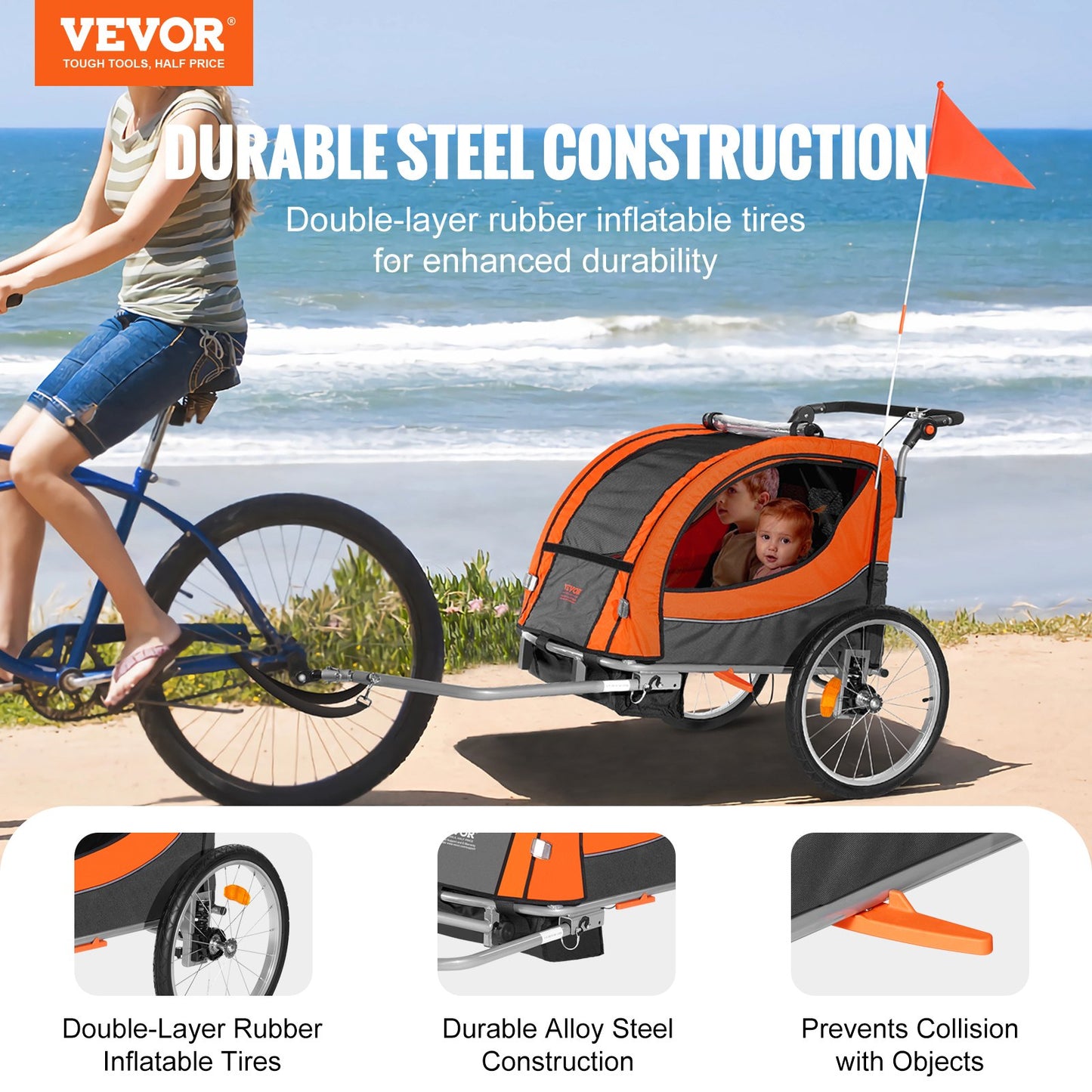 Bicycle trailer with VEVOR branding on a beach, featuring durable steel construction and double-layer rubber inflatable tires.