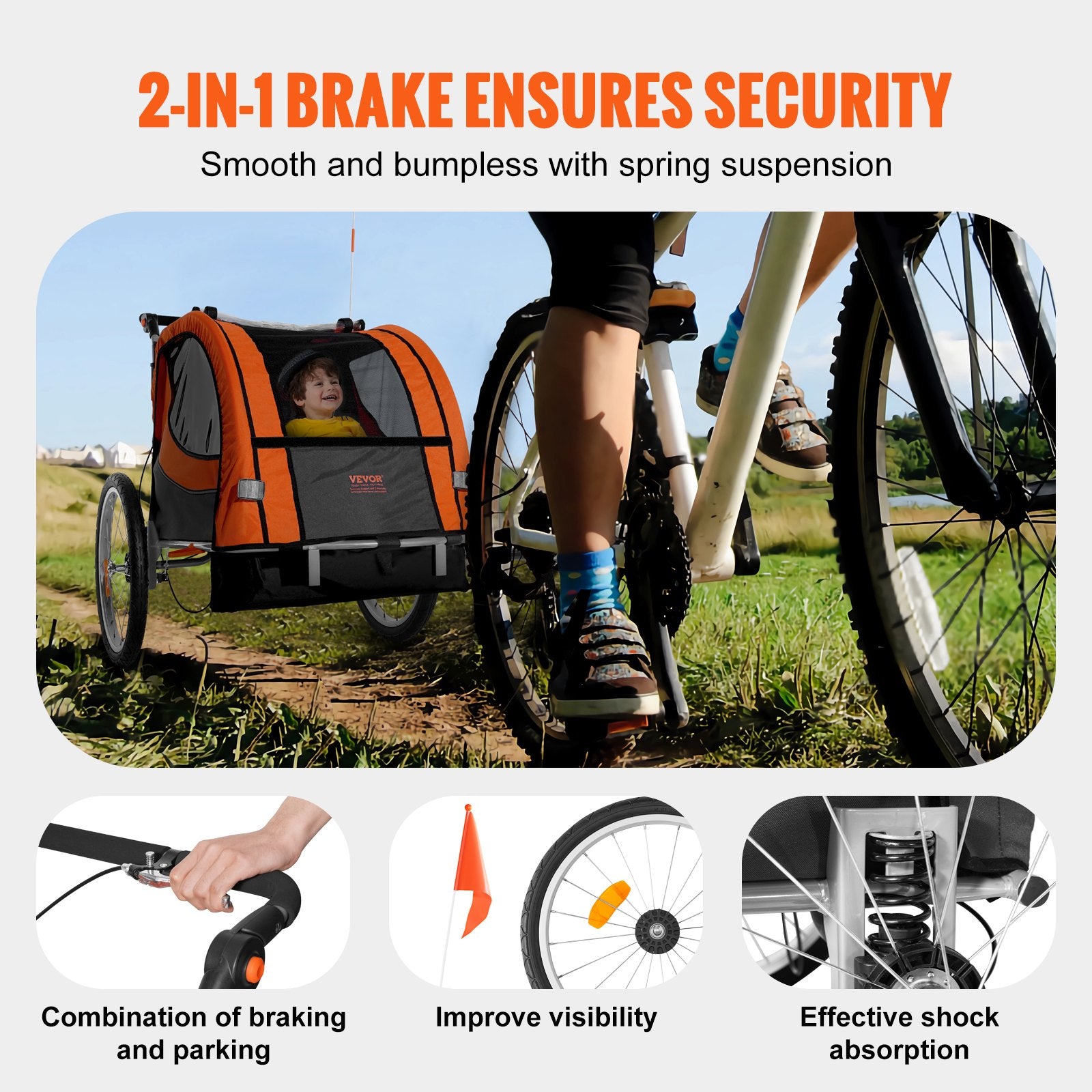 Bicycle trailer with a child, featuring text about brake security and suspension, with a person riding a bike in the background.