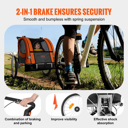 Bicycle trailer with a child, featuring text about brake security and suspension, with a person riding a bike in the background.