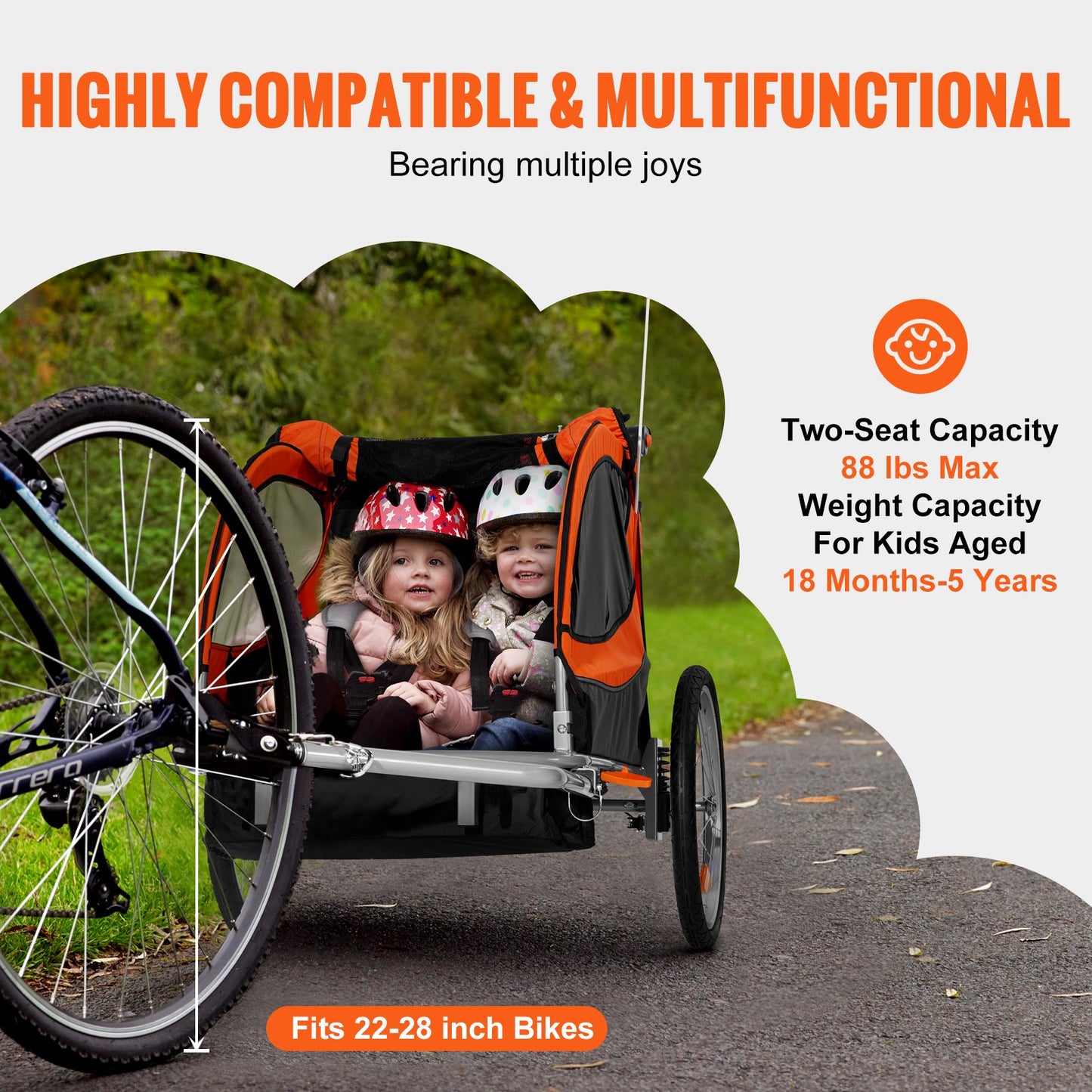 Two-seater bike trailer with children on a path, surrounded by nature.