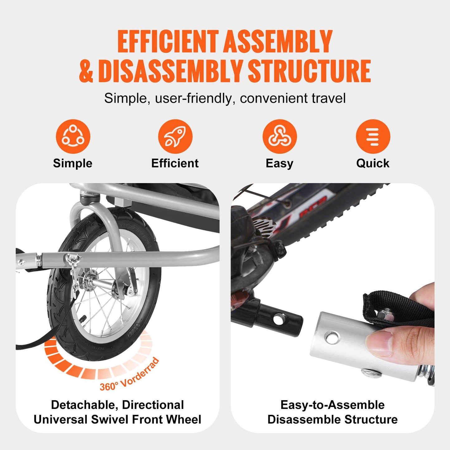 Bicycle with efficient assembly and disassembly structure features on a white background