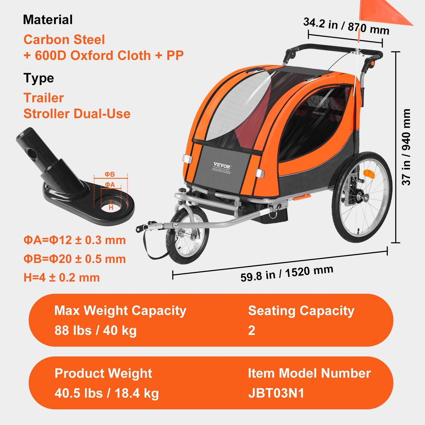 Orange and black stroller trailer with specifications on a white background