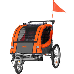 Orange and black bicycle trailer with a flag on a white background