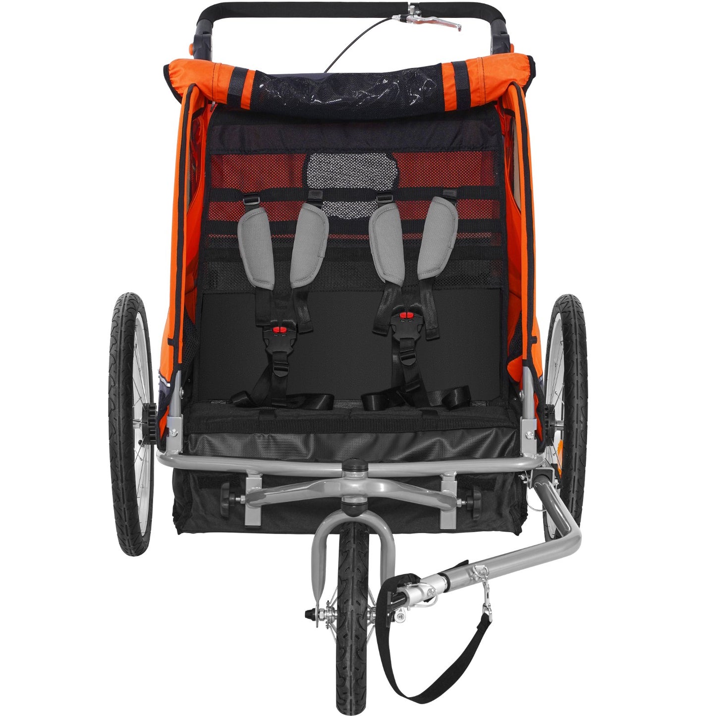 Orange and black tandem bike trailer with two seats on a white background