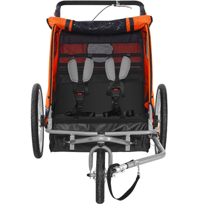 Orange and black tandem bike trailer with two seats on a white background