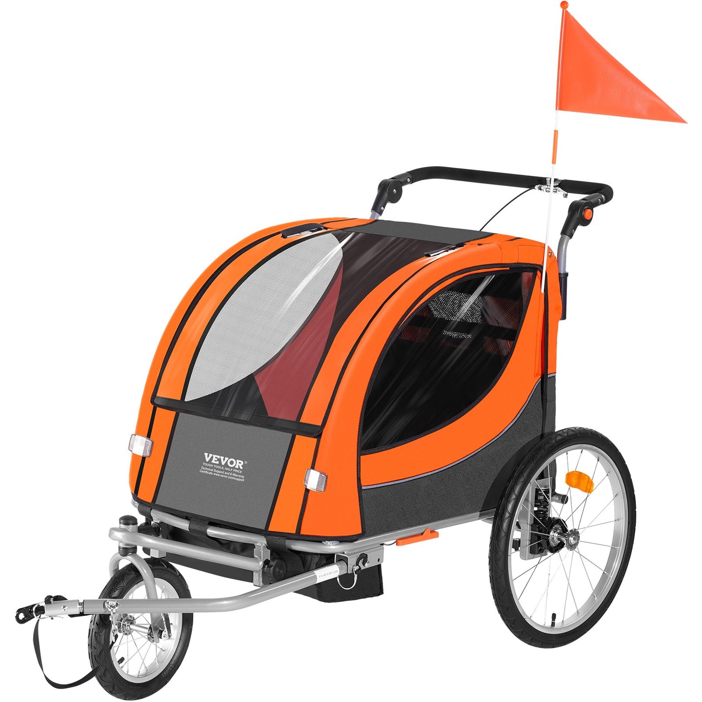 Orange and black bicycle trailer with a flag on a white background