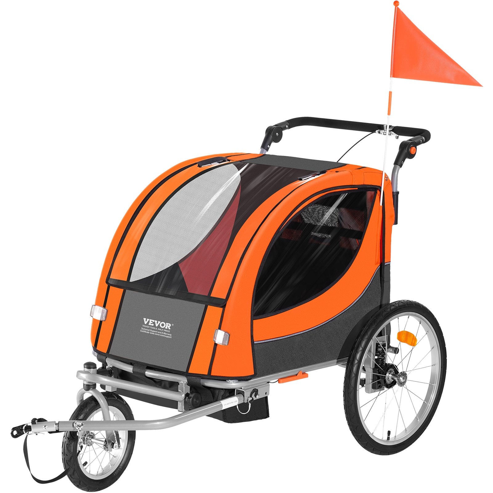 Orange and black bicycle trailer with a flag on a white background