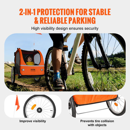 VEVOR Bike Trailer for Toddlers, Kids, Double Seat, 45 kg Load, 2-In-1 Canopy Carrier Converts to Stroller, Tow Behind Foldable Child Bicycle Trailer with Universal Bicycle Coupler, Orange and Gray