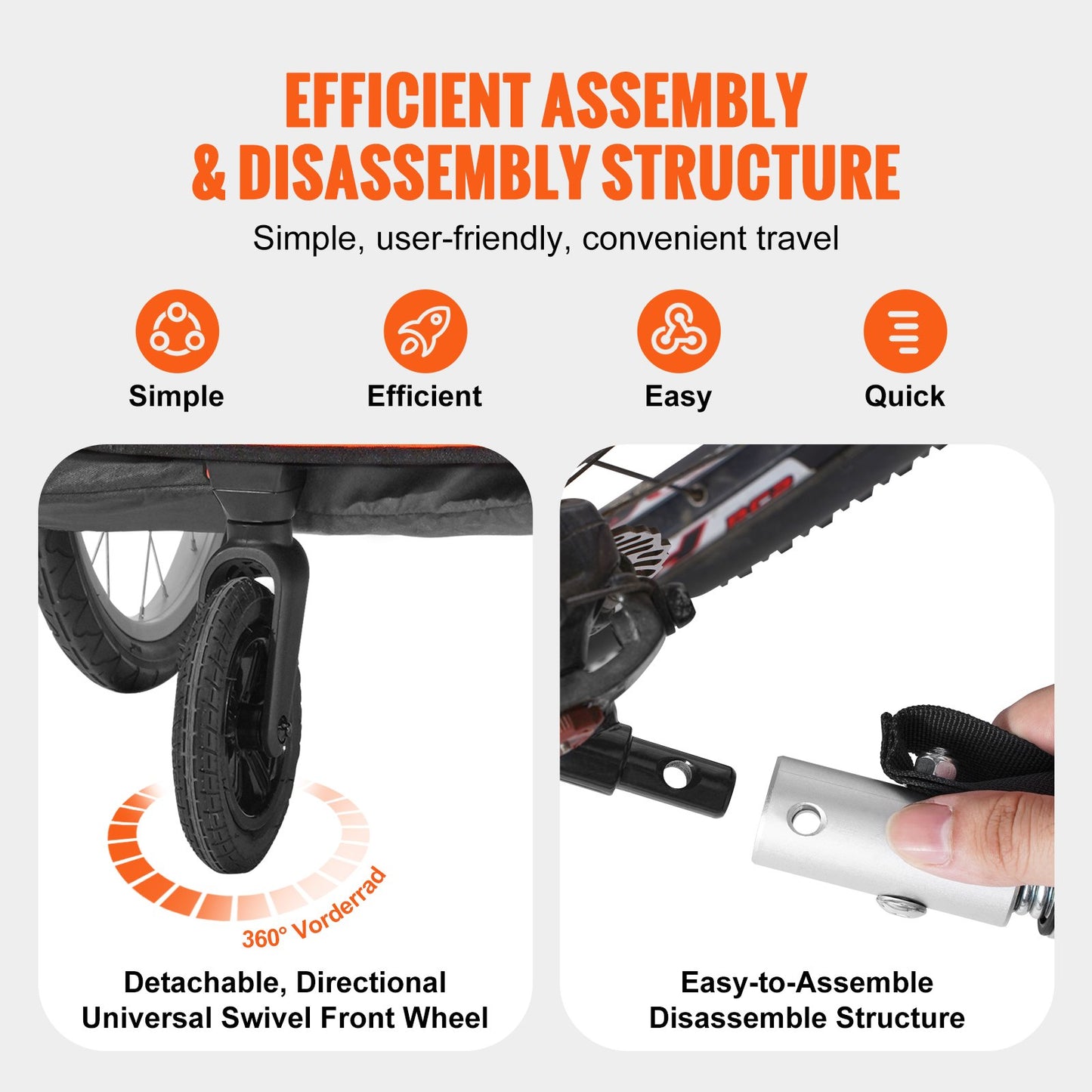VEVOR Bike Trailer for Toddlers, Kids, Double Seat, 45 kg Load, 2-In-1 Canopy Carrier Converts to Stroller, Tow Behind Foldable Child Bicycle Trailer with Universal Bicycle Coupler, Orange and Gray