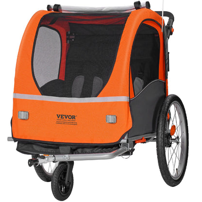 VEVOR Bike Trailer for Toddlers, Kids, Double Seat, 45 kg Load, 2-In-1 Canopy Carrier Converts to Stroller, Tow Behind Foldable Child Bicycle Trailer with Universal Bicycle Coupler, Orange and Gray