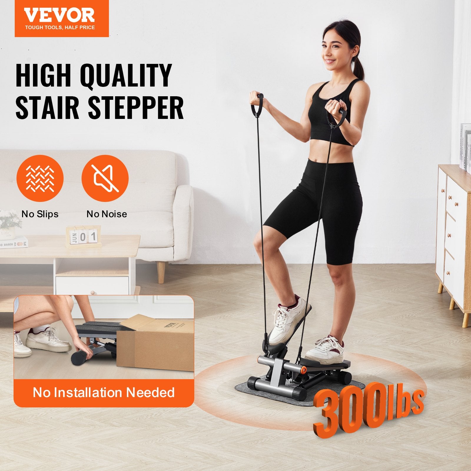 Woman using a stair stepper with VEVOR branding and product features highlighted.