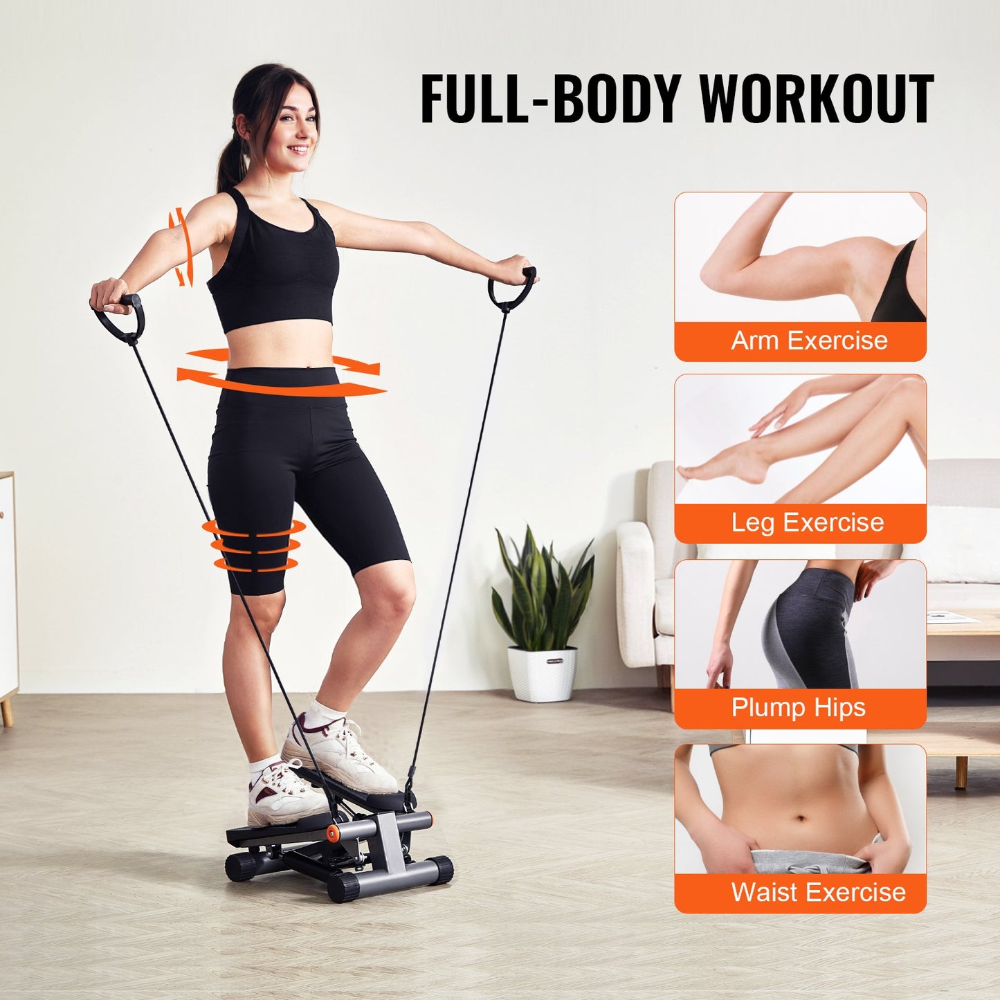 Woman using a step machine for full-body workout with inset images of targeted exercises.