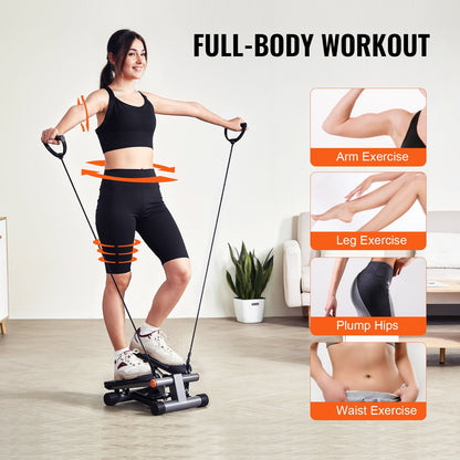Woman using a step machine for full-body workout with inset images of targeted exercises.