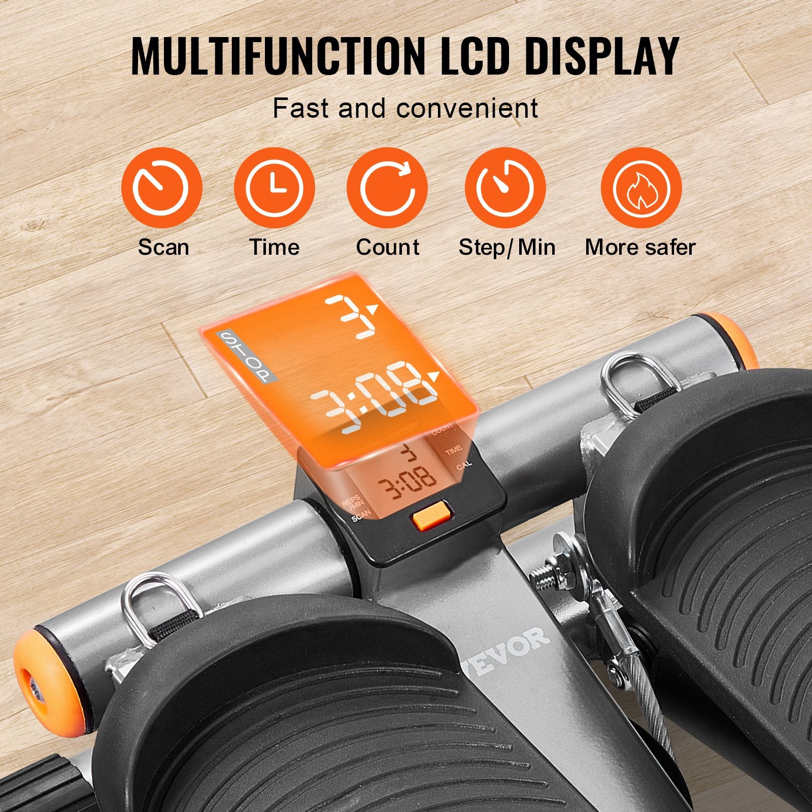 Multifunctional LCD display on a piece of exercise equipment with icons and text on a wooden background.