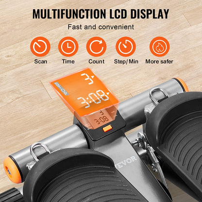 Multifunctional LCD display on a piece of exercise equipment with icons and text on a wooden background.