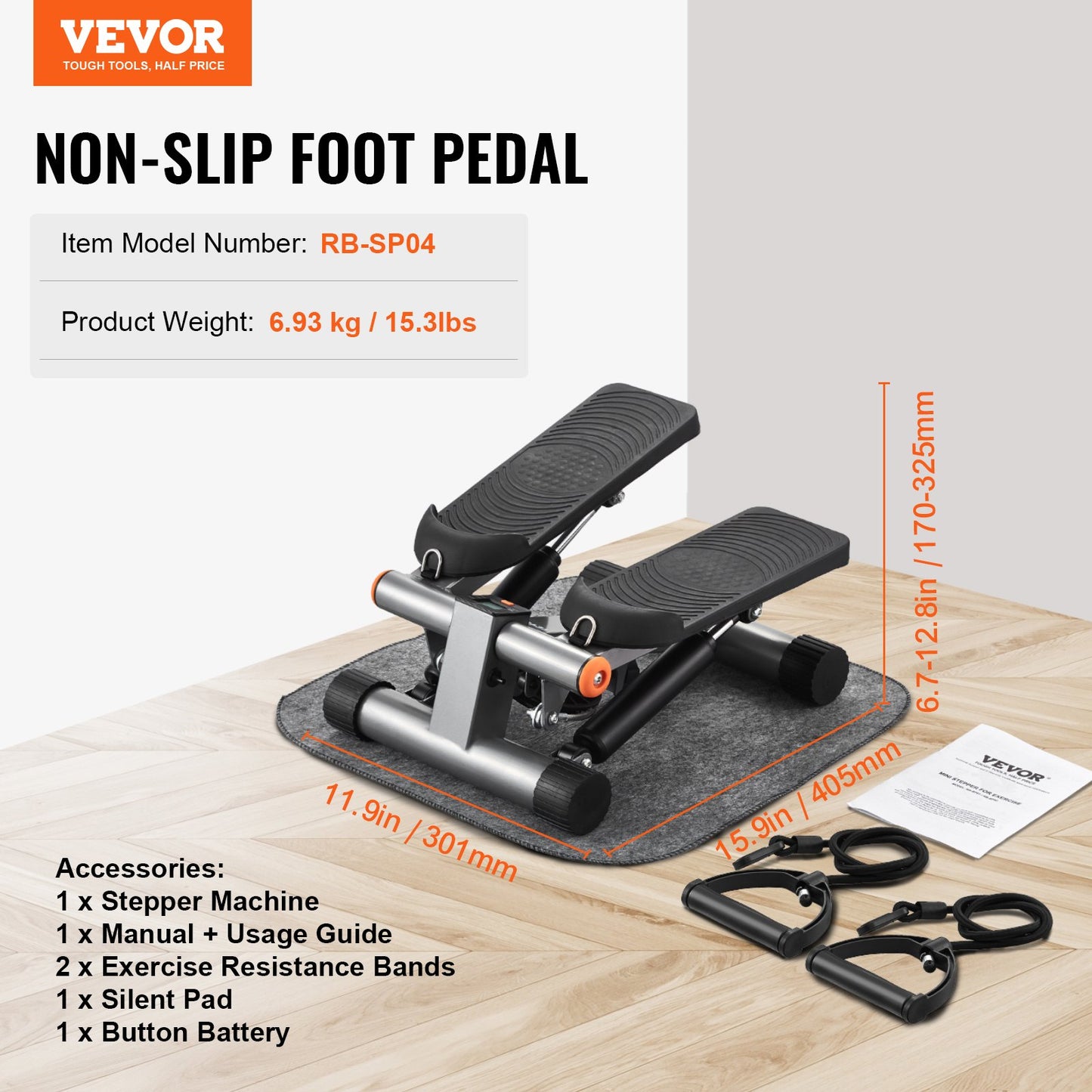 Vevor non-slip foot pedal with accessories on a wooden surface