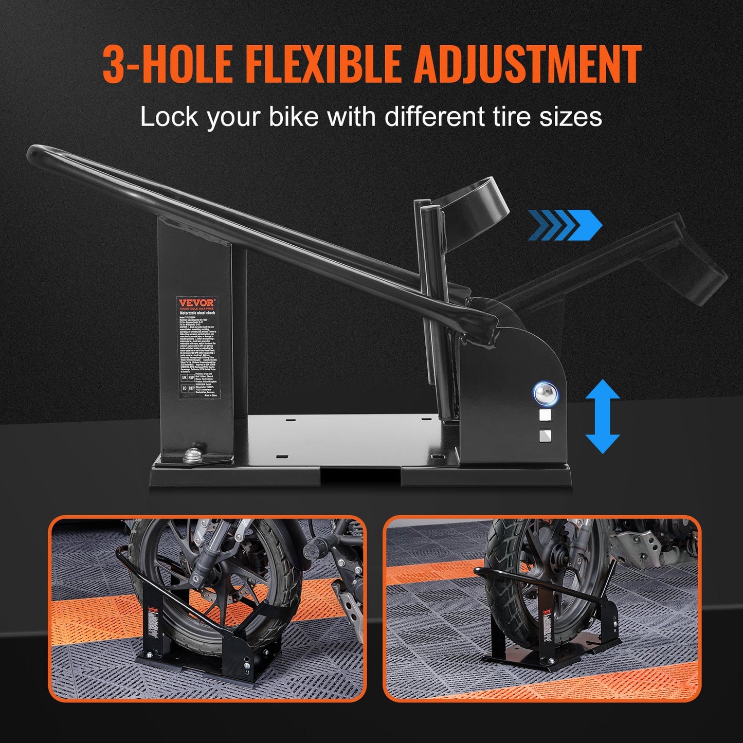 VEVOR Motorcycle Wheel Chock, 816.5 kg Capacity Wheel Cradle Holder, Heavy-duty Steel Motorcycle Front Wheel Stand with 3 Adjustable Holes, For 381-533.4 mm Off-Road Motorcycles, Standard Motorcycles