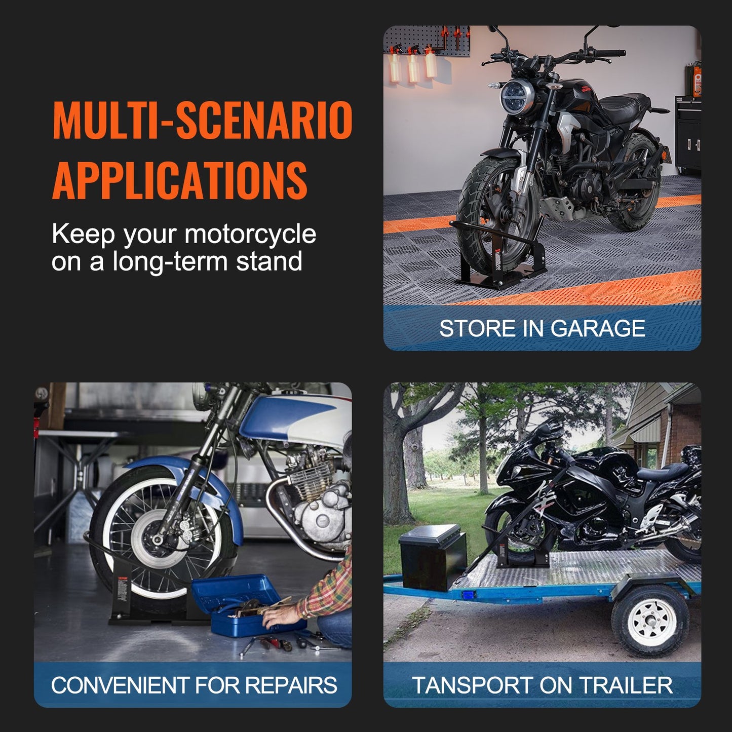 VEVOR Motorcycle Wheel Chock, 816.5 kg Capacity Wheel Cradle Holder, Heavy-duty Steel Motorcycle Front Wheel Stand with 3 Adjustable Holes, For 381-533.4 mm Off-Road Motorcycles, Standard Motorcycles