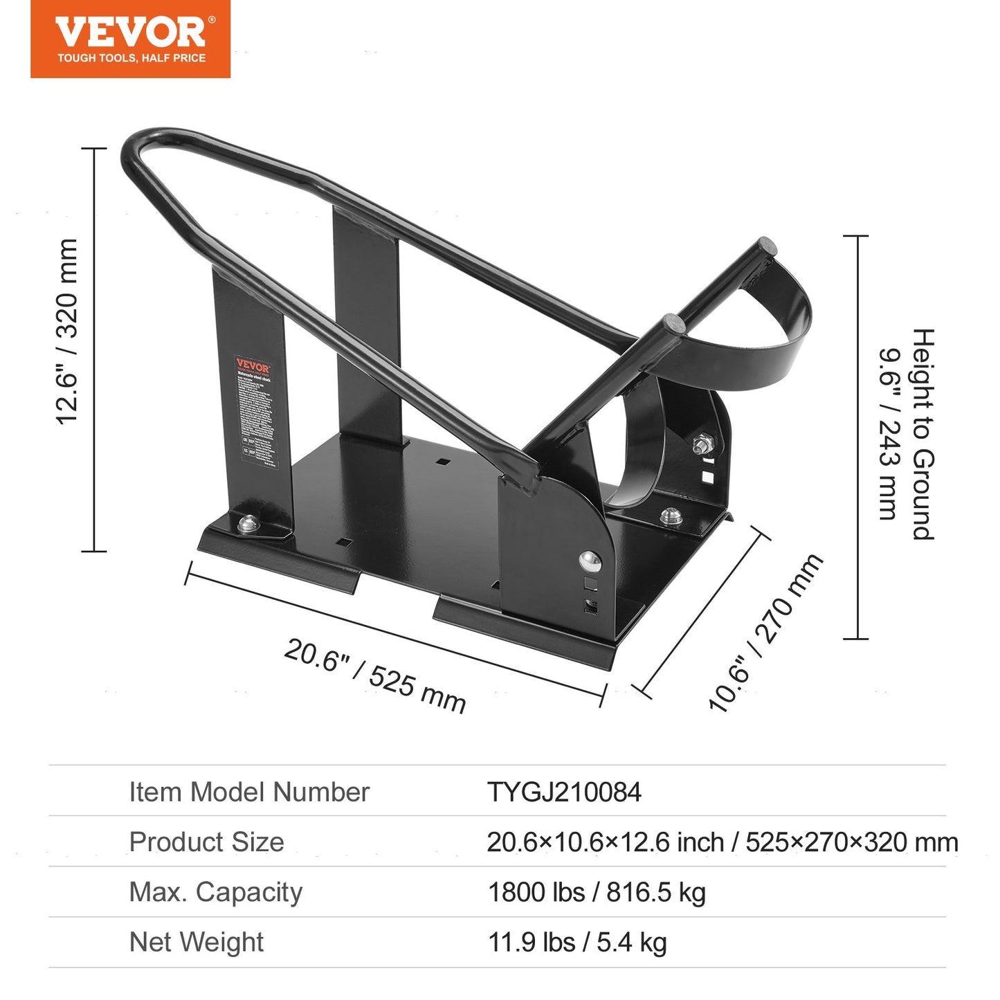 VEVOR Motorcycle Wheel Chock, 816.5 kg Capacity Wheel Cradle Holder, Heavy-duty Steel Motorcycle Front Wheel Stand with 3 Adjustable Holes, For 381-533.4 mm Off-Road Motorcycles, Standard Motorcycles