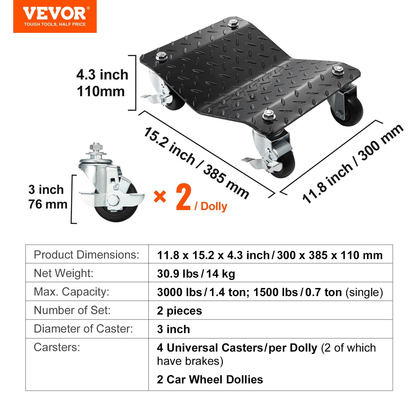 Car Dolly Wheel Tire Dolly 2 PCS Heavy Duty Skate Auto Repair Dolly 3000LB