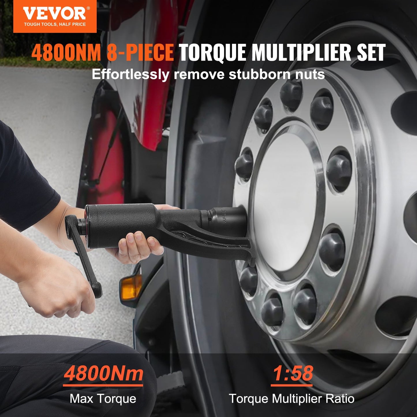 Torque Multiplier, Heavy Duty Torque Multiplier Wrench Set, 1 Inch Drive Lug Nut Wrench Torque Multiplier, 1:58 4800N.m Lug Nut Remover, with 8 Sockets and Storage Case for Truck Trailer RV