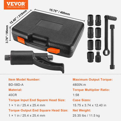 Torque Multiplier, Heavy Duty Torque Multiplier Wrench Set, 1 Inch Drive Lug Nut Wrench Torque Multiplier, 1:58 4800N.m Lug Nut Remover, with 8 Sockets and Storage Case for Truck Trailer RV