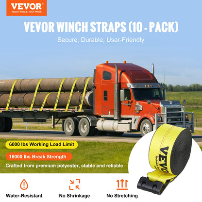 VEVOR Winch Straps, 10.2 cm x 12.2 m, 2.7T Load Capacity, 8.2T Break Strength, Truck Straps with Flat Hook, Flatbed Tie Downs Cargo Control for Trailers, Farms, Rescues, Tree Saver, Yellow (10 Pack)