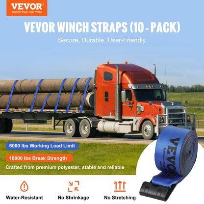 VEVOR Winch Straps, 10.2 cm x 9.1 m, 2.7T Load Capacity, 8.2T Breaking Strength, Truck Straps with Flat Hook, Flatbed Tie Downs Cargo Control for Trailers, Farms, Rescues, Tree Saver, Blue (10 Pack)