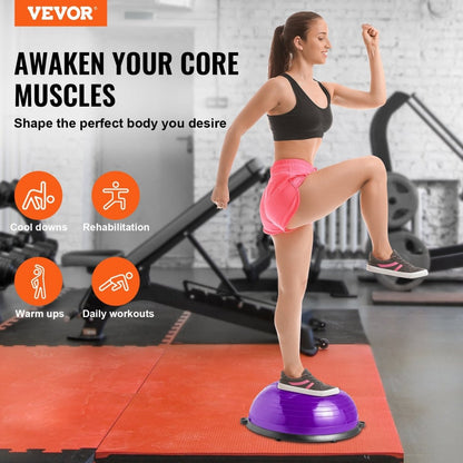 VEVOR Half Exercise Ball Trainer, 23 inch Balance Ball Trainer, 660lbs Stability Ball, Yoga Ball with Resistance Bands & Foot Pump, Strength Fitness Ball for Home Gym, Full Body Workout, Purple - Factory Direct Shop