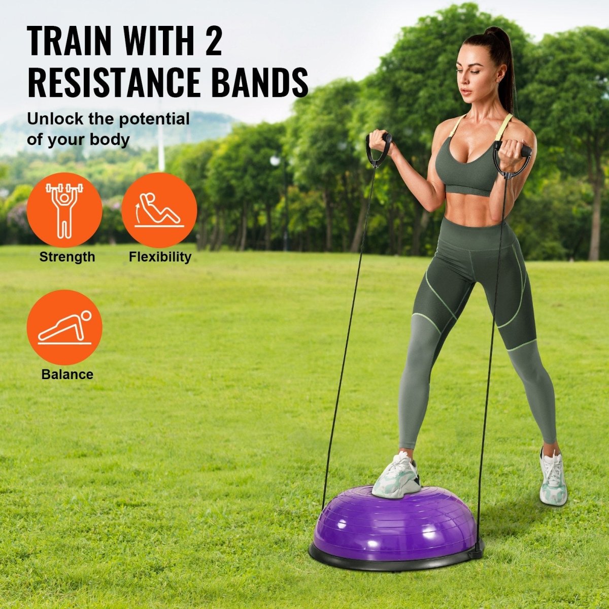 VEVOR Half Exercise Ball Trainer, 23 inch Balance Ball Trainer, 660lbs Stability Ball, Yoga Ball with Resistance Bands & Foot Pump, Strength Fitness Ball for Home Gym, Full Body Workout, Purple - Factory Direct Shop