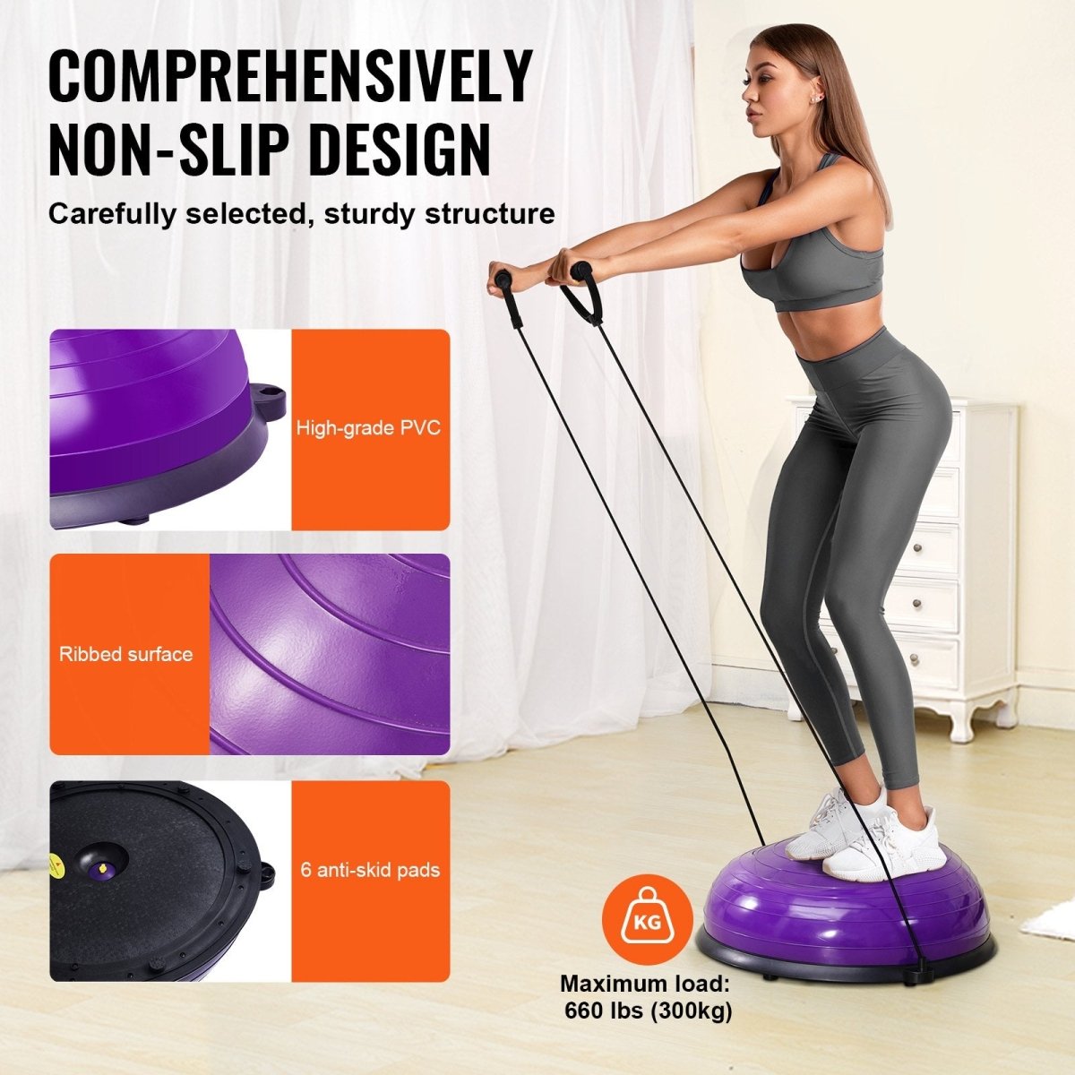 VEVOR Half Exercise Ball Trainer, 23 inch Balance Ball Trainer, 660lbs Stability Ball, Yoga Ball with Resistance Bands & Foot Pump, Strength Fitness Ball for Home Gym, Full Body Workout, Purple - Factory Direct Shop