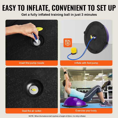 VEVOR Half Exercise Ball Trainer, 23 inch Balance Ball Trainer, 660lbs Stability Ball, Yoga Ball with Resistance Bands & Foot Pump, Strength Fitness Ball for Home Gym, Full Body Workout, Purple - Factory Direct Shop