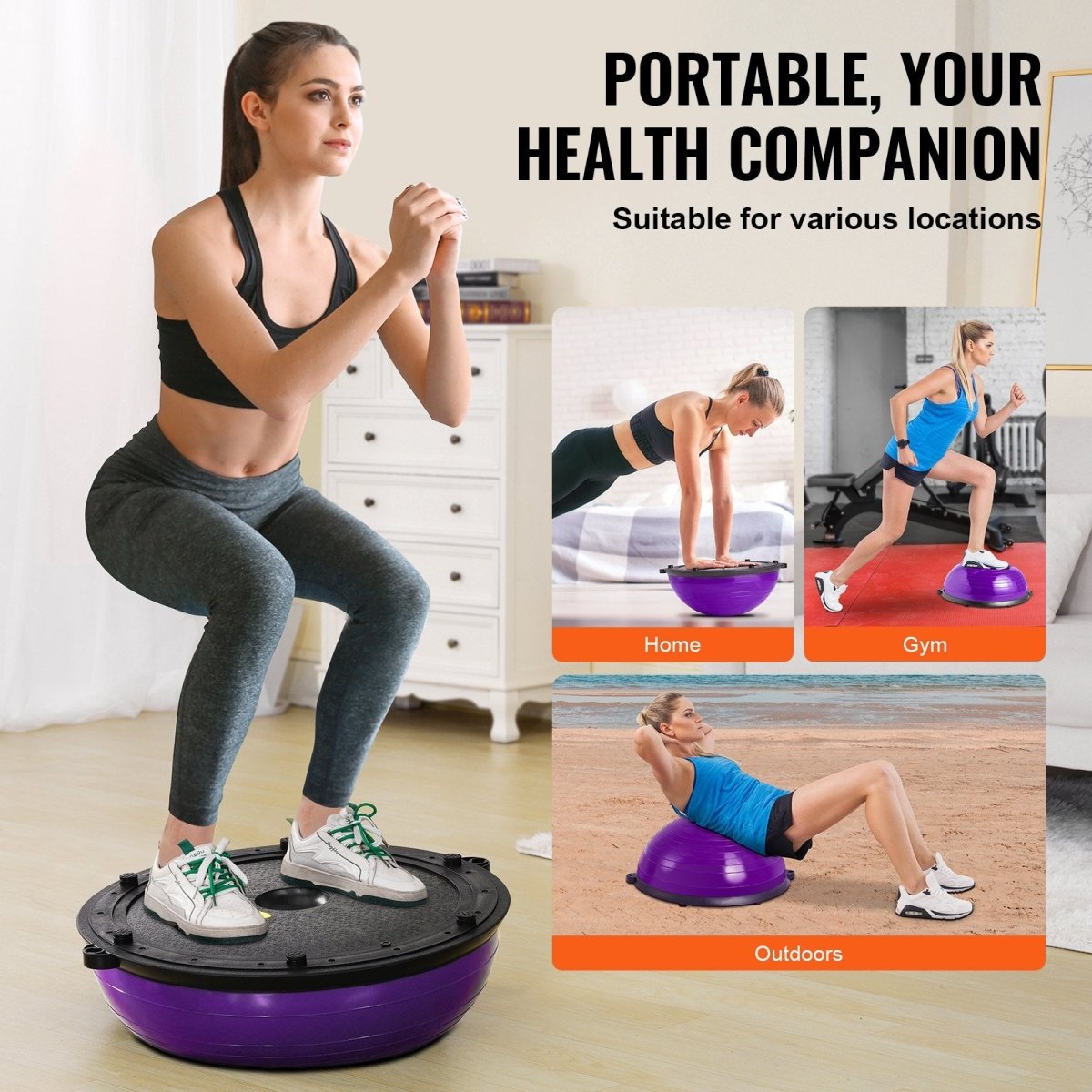 VEVOR Half Exercise Ball Trainer, 23 inch Balance Ball Trainer, 660lbs Stability Ball, Yoga Ball with Resistance Bands & Foot Pump, Strength Fitness Ball for Home Gym, Full Body Workout, Purple - Factory Direct Shop