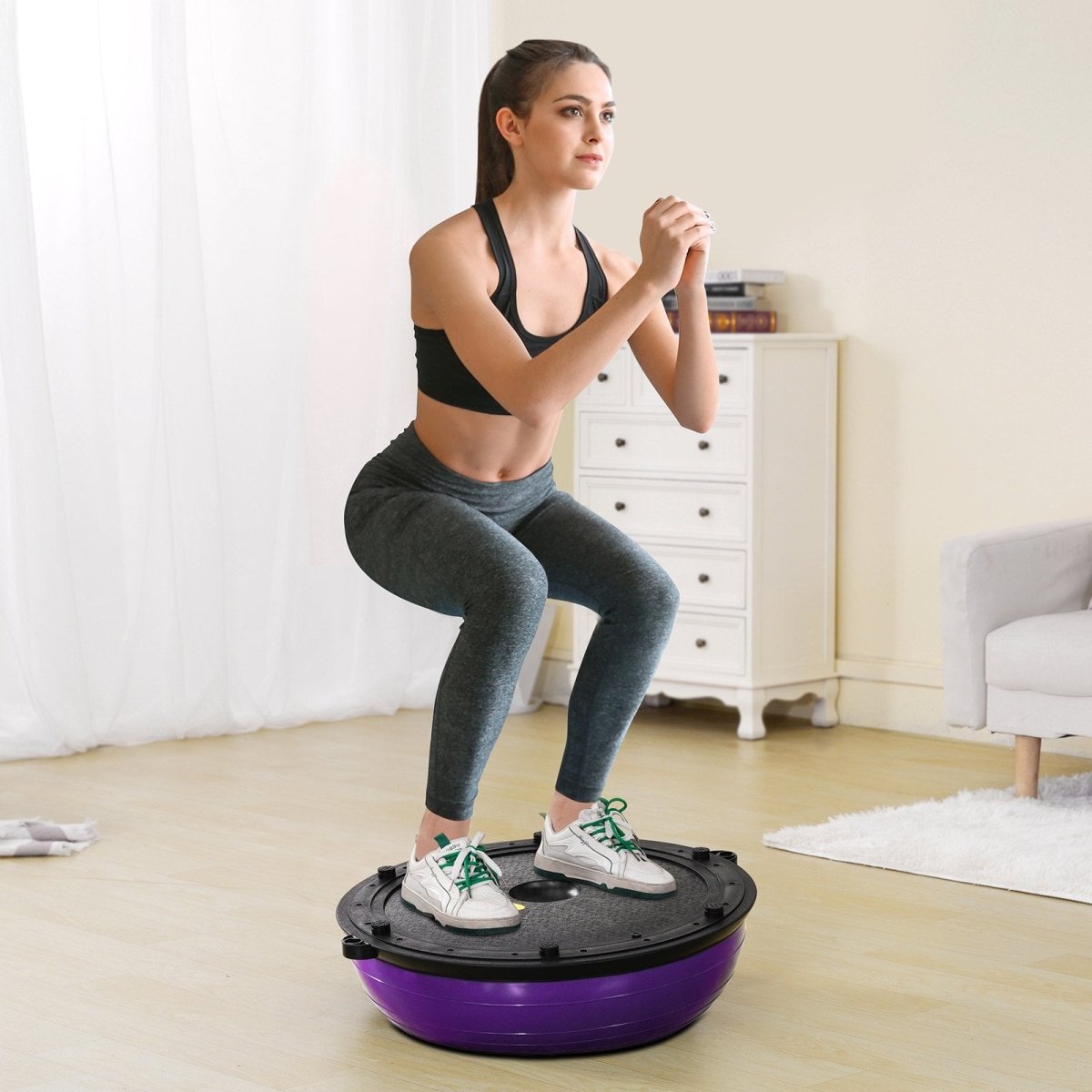 VEVOR Half Exercise Ball Trainer, 23 inch Balance Ball Trainer, 660lbs Stability Ball, Yoga Ball with Resistance Bands & Foot Pump, Strength Fitness Ball for Home Gym, Full Body Workout, Purple - Factory Direct Shop