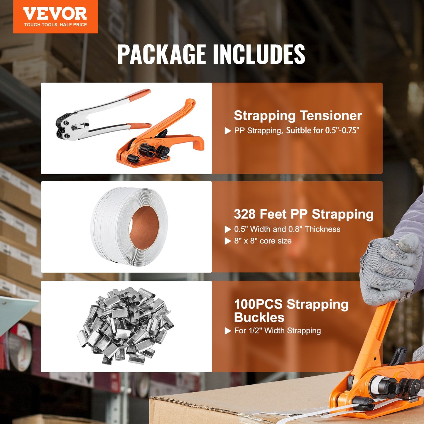 VEVOR Banding Strapping Kit with Strapping Tensioner Tool, Banding Sealer Tool, 100 m Length PP Band, 100 Metal Seals, Pallet Packaging Strapping Banding Kit, Banding Packaging Strapping for Packing