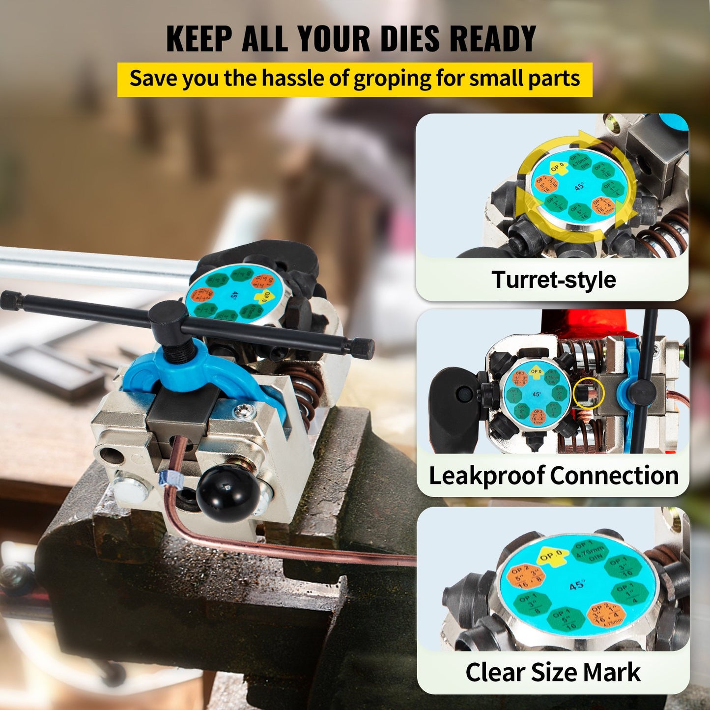 VEVOR Brake Line Flaring Tool, 45 Degree Single, Double, and Bubble Flares for 3/16", 1/4", 5/16" and 3/8" Tube Size, Suitable for Soft Metal of Copper Lines