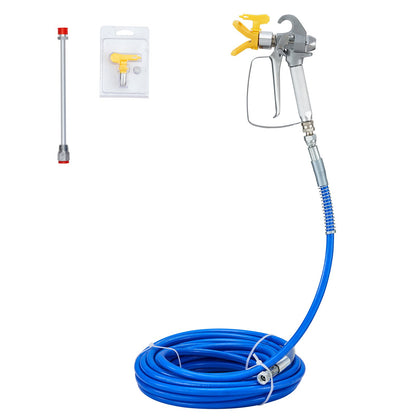 Spray gun with blue hose and attachments on a white background