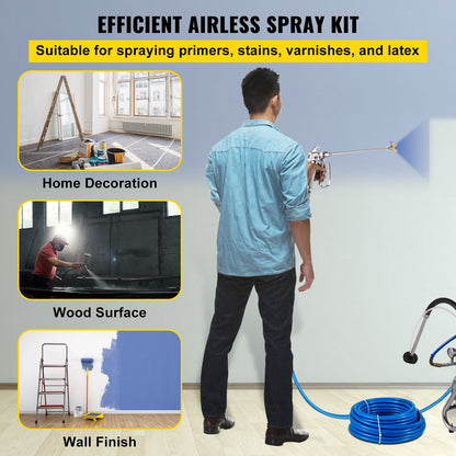 Person using an airless spray kit for home decoration with text highlighting its uses.