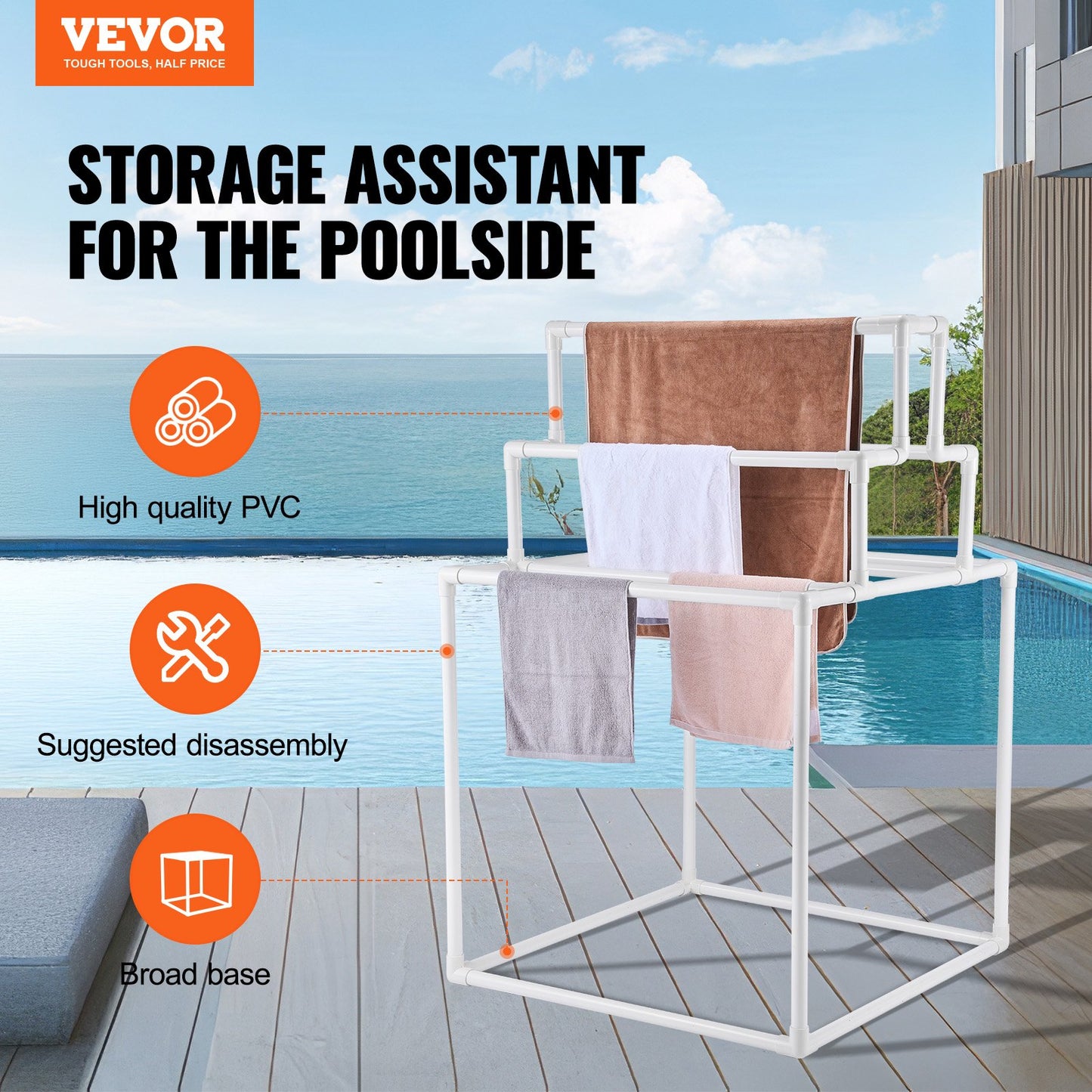 Towel Rack 8-Bar Outdoor PVC Towel Holder for Poolside Spa Bathroom White