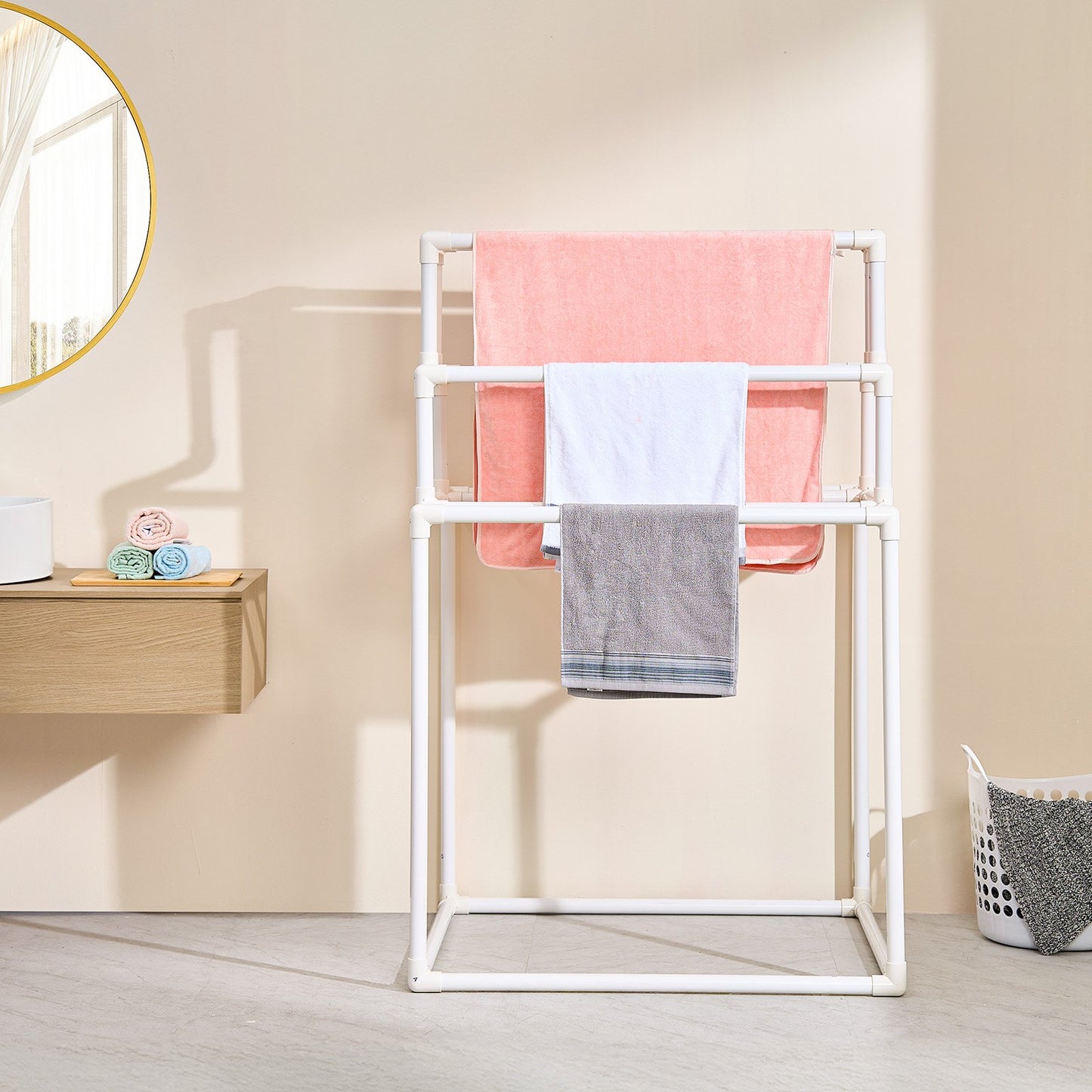 Towel Rack 8-Bar Outdoor PVC Towel Holder for Poolside Spa Bathroom White