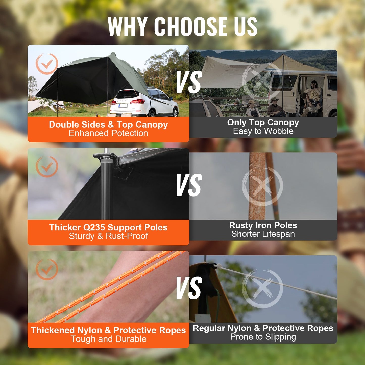 VEVOR Vehicle Awning, Large 10' x 7' Shade Coverage Car Side Awning, PU2000mm UV50+ Car Awning with Extended Side Canopies and Portable Storage Bag, Suitable for Truck, SUV, Van, Campers