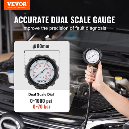 VEVOR Diesel Engine Compression Tester, 18 pcs Cylinder Pressure Test Tool Kit, with 0-1000 psi Gauge and Adapters, Diesel Injector Tester Check Cylinders in Diesel Trucks, Tractors, Equipment