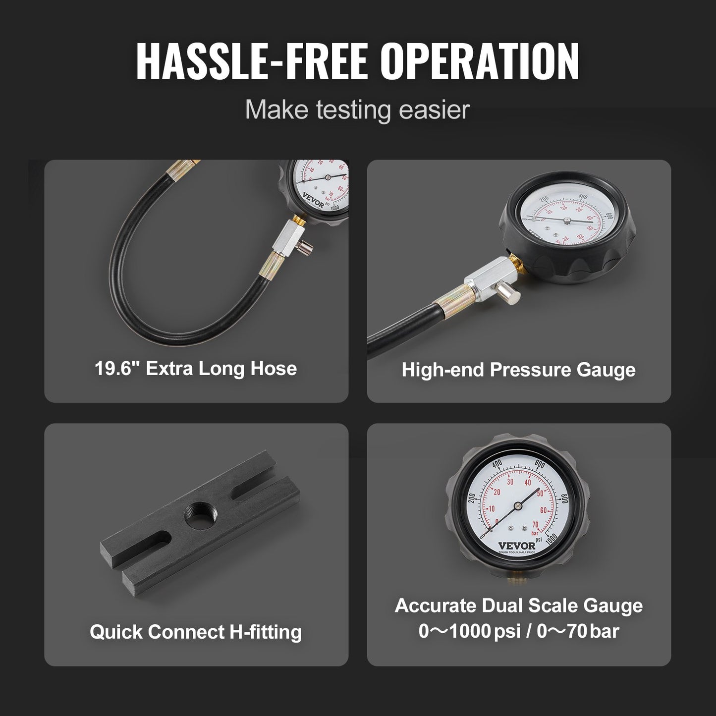 VEVOR Diesel Engine Compression Tester, 18 pcs Cylinder Pressure Test Tool Kit, with 0-1000 psi Gauge and Adapters, Diesel Injector Tester Check Cylinders in Diesel Trucks, Tractors, Equipment