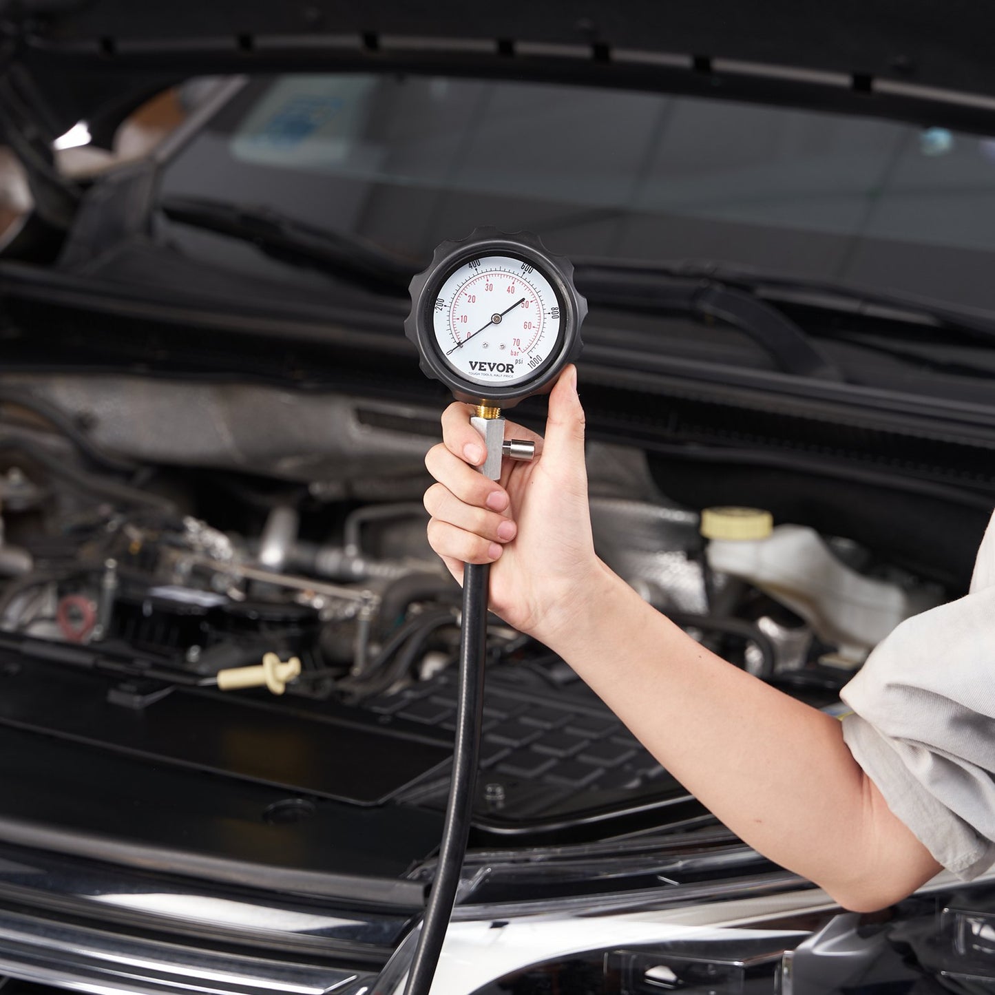 VEVOR Diesel Engine Compression Tester, 18 pcs Cylinder Pressure Test Tool Kit, with 0-1000 psi Gauge and Adapters, Diesel Injector Tester Check Cylinders in Diesel Trucks, Tractors, Equipment