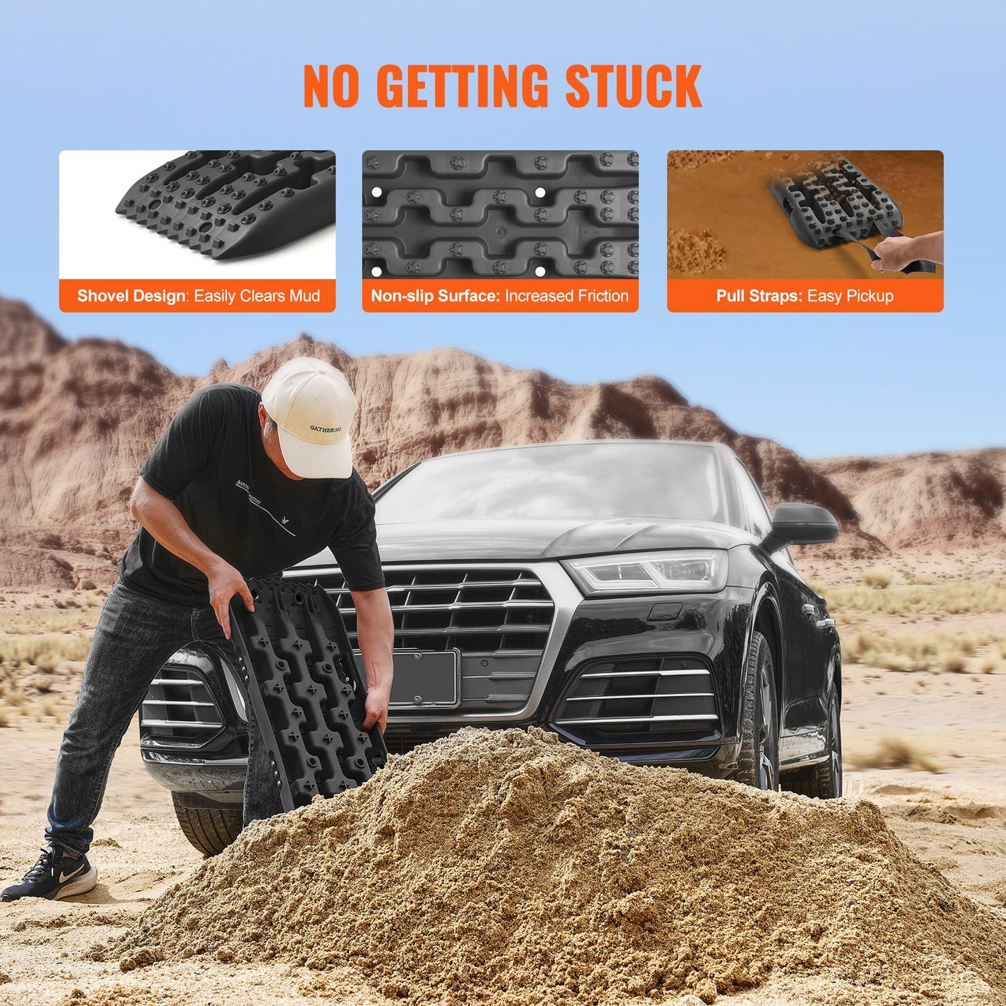 2PCS Traction Boards with PP for Mud Snow Sand Storage Bag Short Black